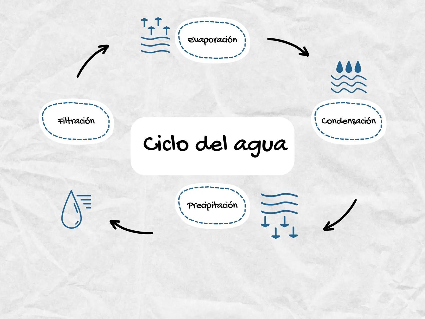 - Filtración
- Evaporación
- Condensación
- Ciclo del agua
- Precipitación