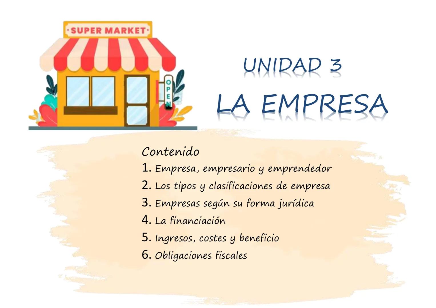 --- OCR Start ---
SUPER MARKET
OPEN
UNIDAD 3
LA EMPRESA
Contenido
1. Empresa, empresario y emprendedor
2. Los tipos y clasificaciones de emp