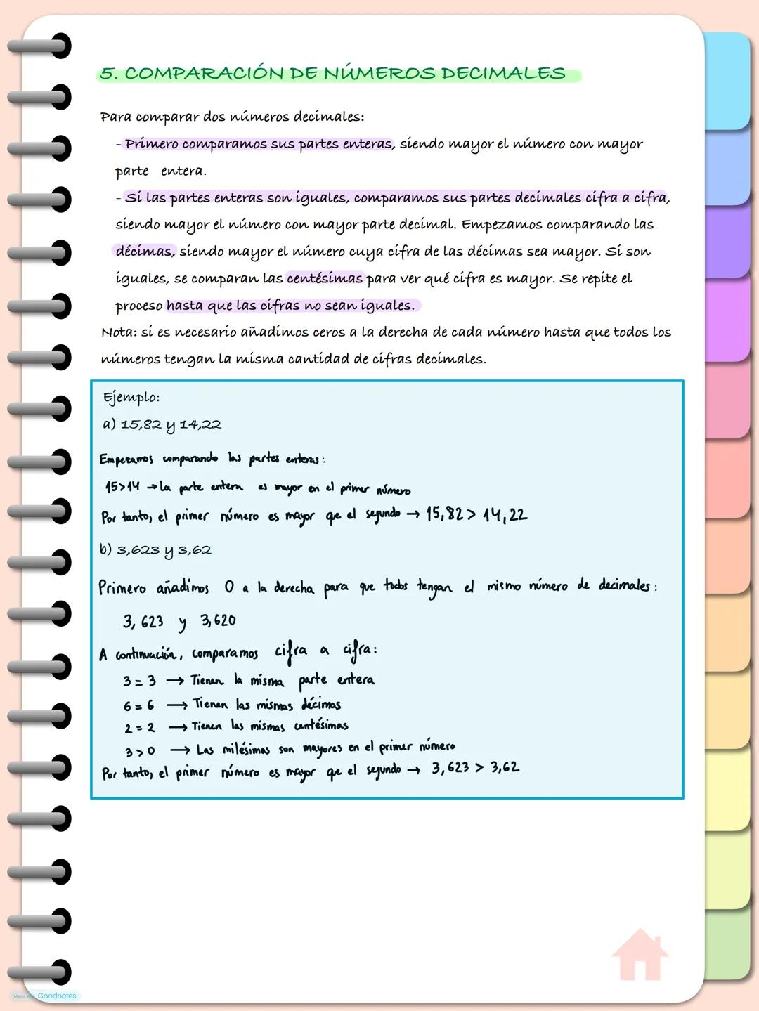 5. COMPARACIÓN DE NÚMEROS DECIMALES
Para comparar dos números decimales:
-Primero comparamos sus partes enteras, siendo mayor el número con
