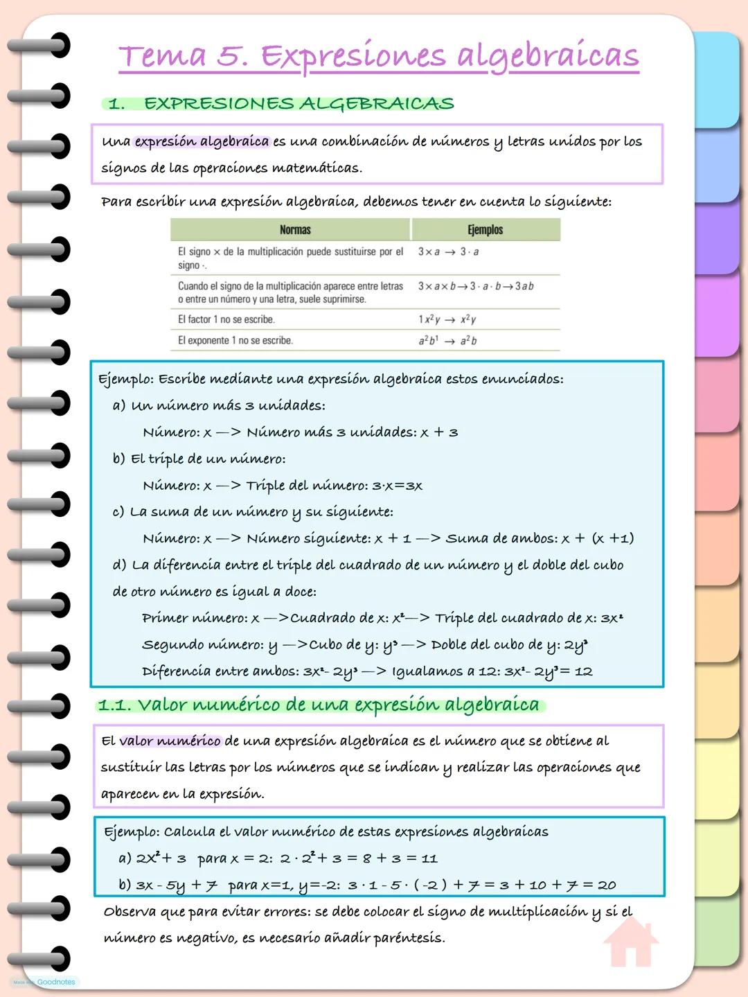 --- OCR Start ---
Tema 5. Expresiones algebraicas
1. EXPRESIONES ALGEBRAICAS
una expresión algebraica es una combinación de números y letras