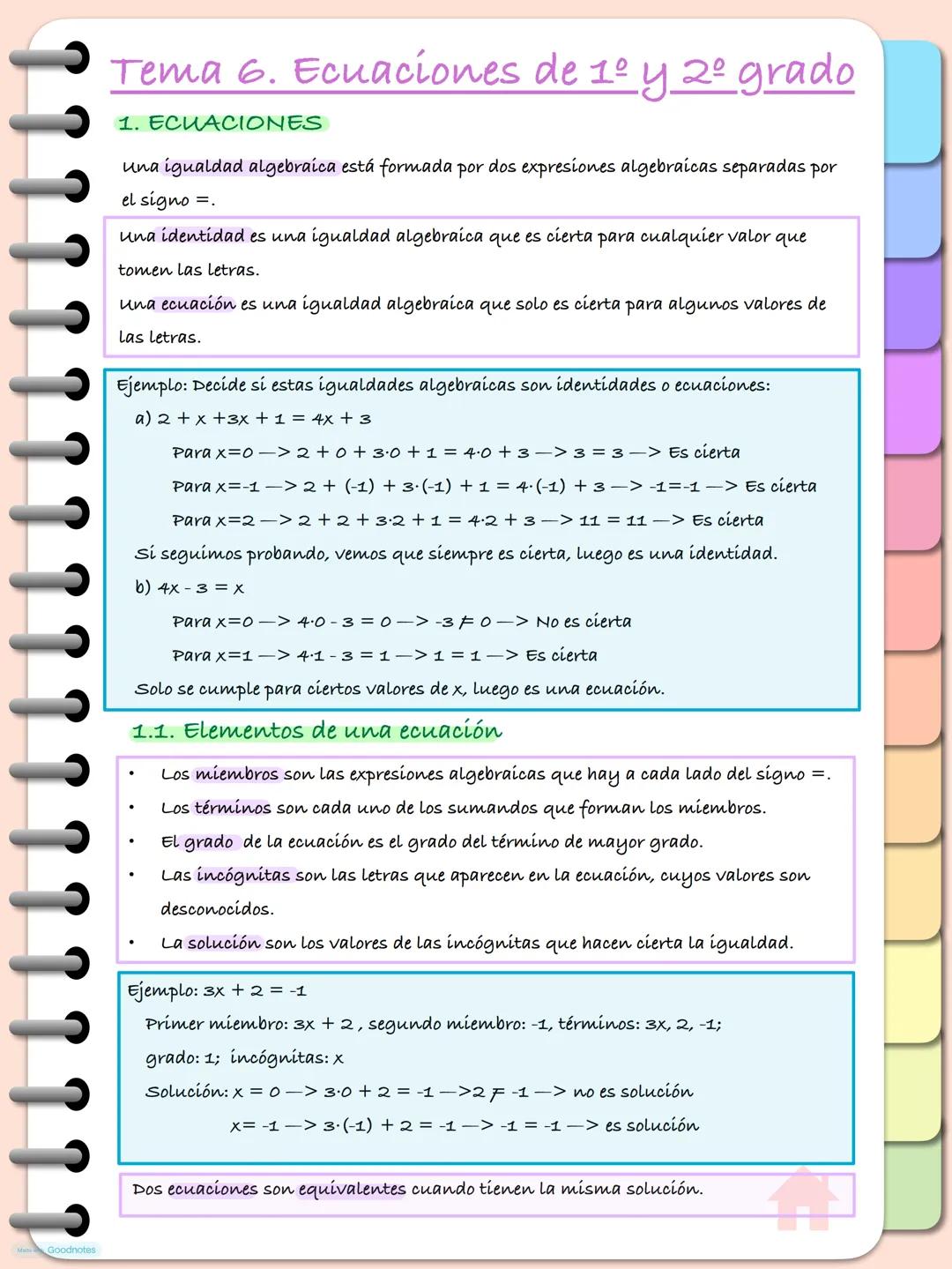 --- OCR Start ---
Tema 6. Ecuaciones de 1º y 2º grado
1. ECUACIONES
una igualdad algebraica está formada por dos expresiones algebraicas sep