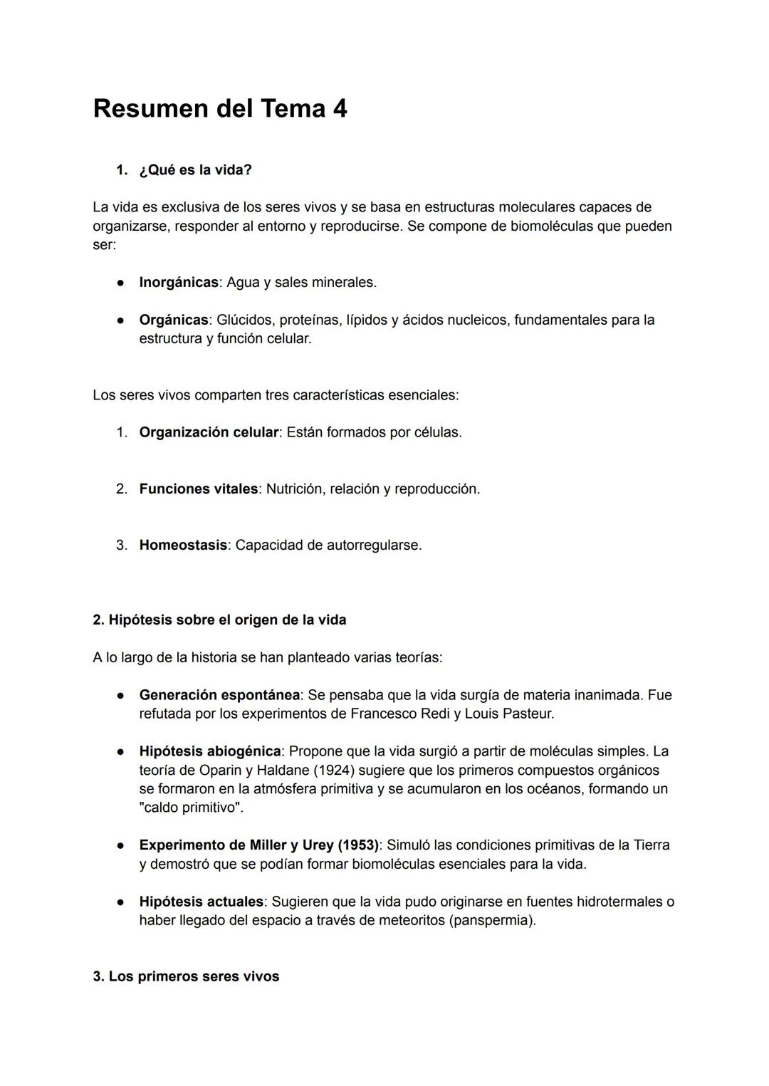 # Resumen del Tema 4
1. ¿Qué es la vida?
La vida es exclusiva de los seres vivos y se basa en estructuras moleculares capaces de
organizars