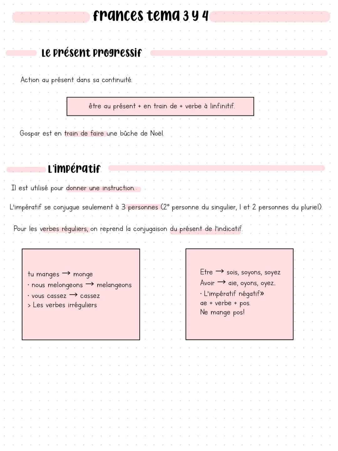 # frances tema 3 y 4
## Le présent progressif
Action au présent dans sa continuité.
être au présent + en train de + verbe à linfinitif.