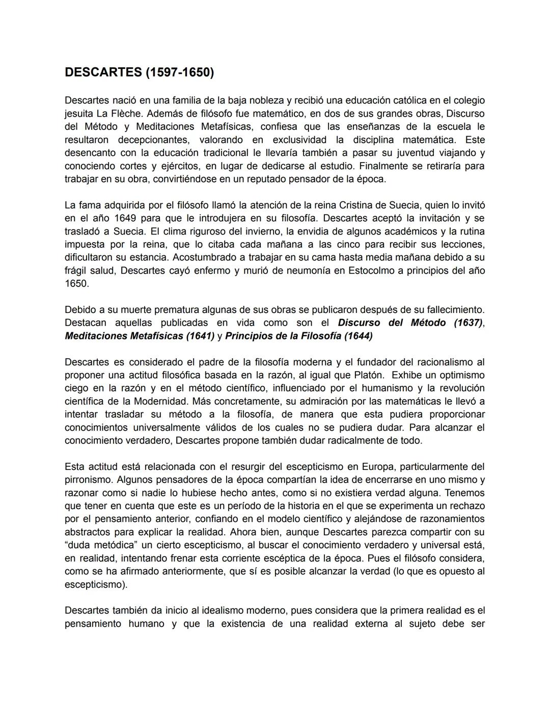 # DESCARTES (1597-1650)
Descartes nació en una familia de la baja nobleza y recibió una educación católica en el colegio
jesuita La Flèche.
