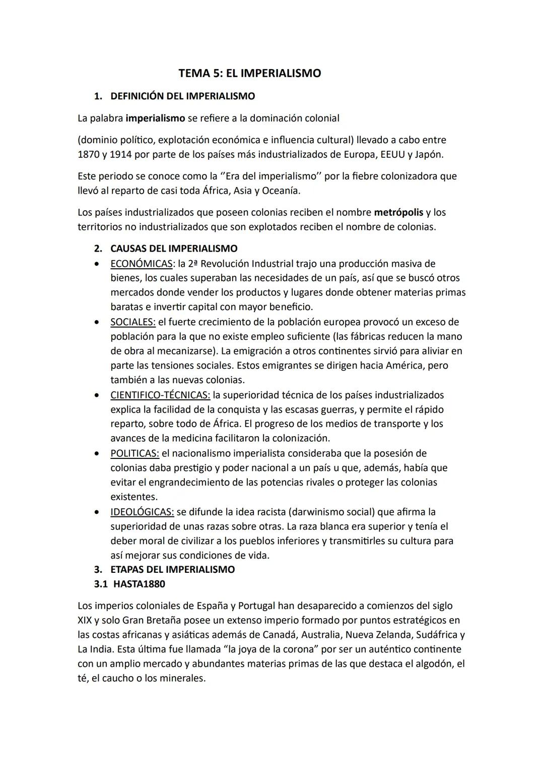 # TEMA 5: EL IMPERIALISMO
1. DEFINICIÓN DEL IMPERIALISMO
La palabra imperialismo se refiere a la dominación colonial
(dominio político, e