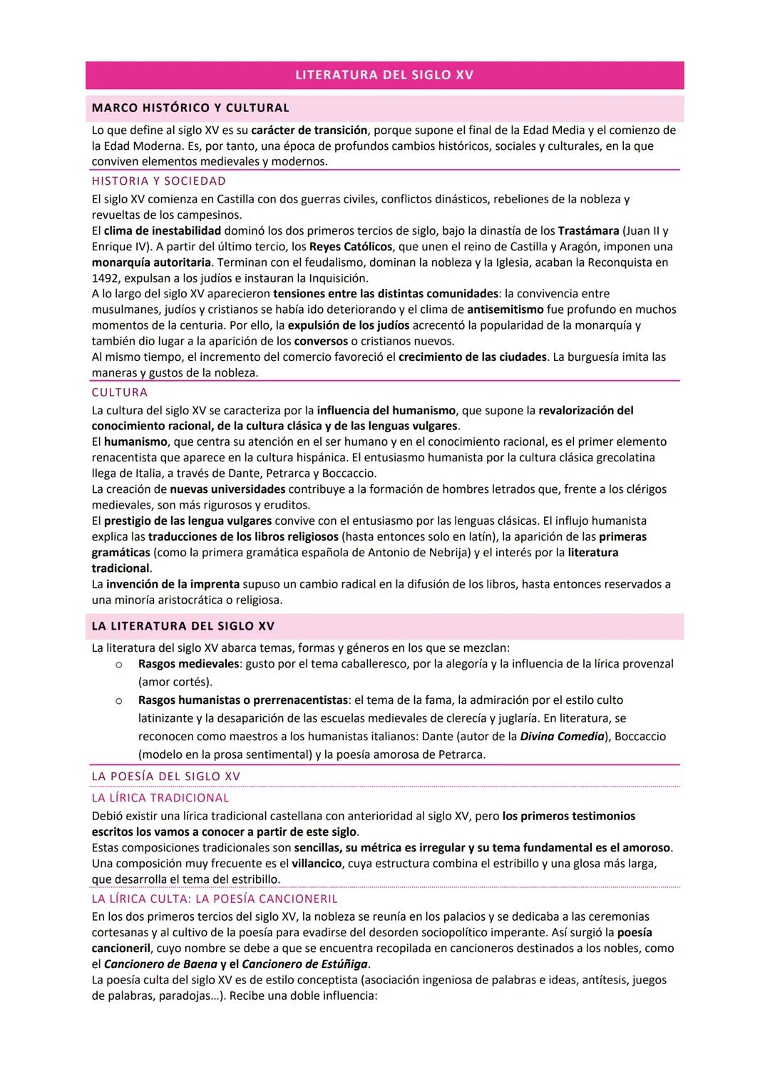 --- OCR Start ---
LITERATURA DEL SIGLO XV
MARCO HISTÓRICO Y CULTURAL
Lo que define al siglo XV es su carácter de transición, porque supone e