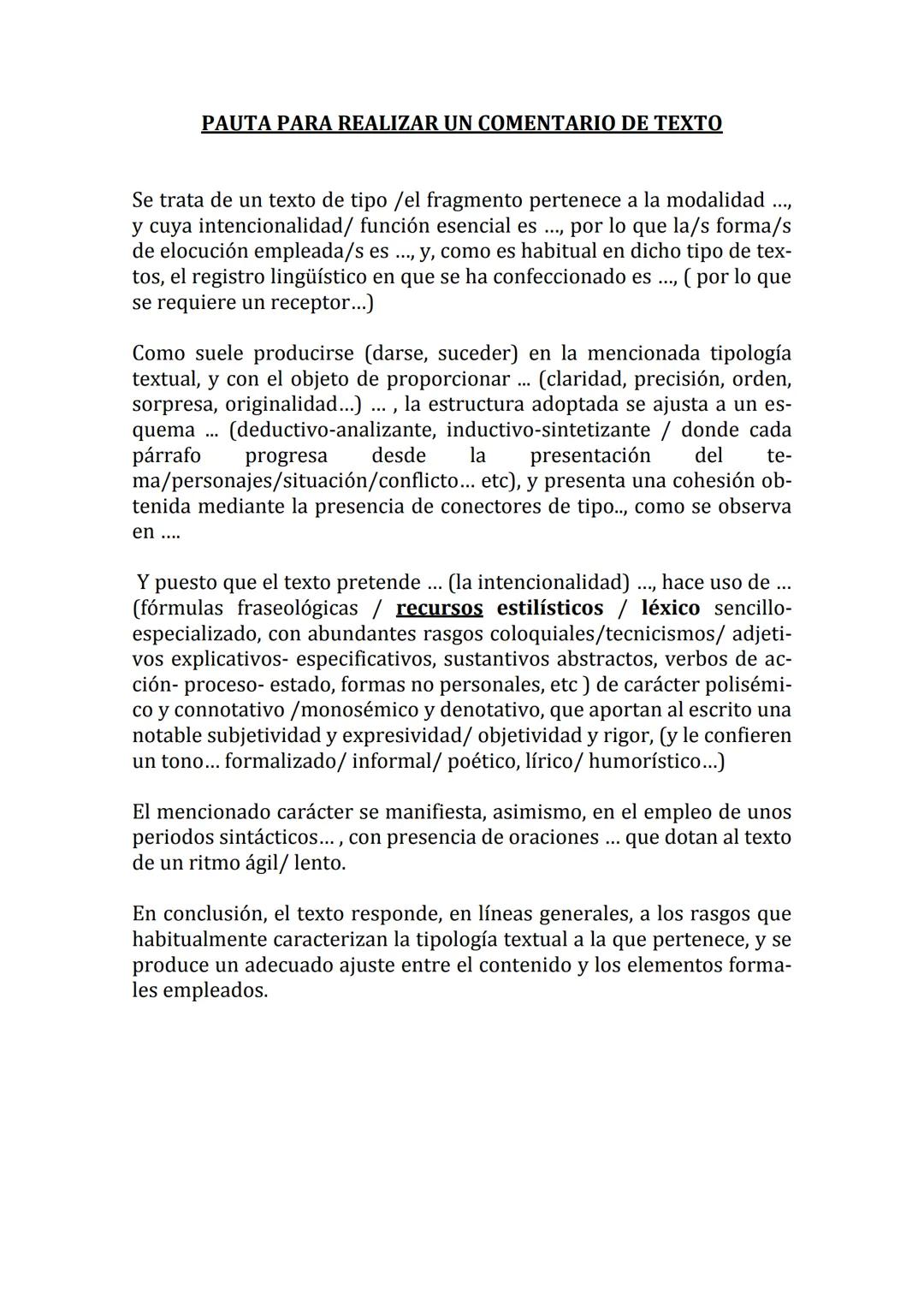 # PAUTA PARA REALIZAR UN COMENTARIO DE TEXTO
Se trata de un texto de tipo /el fragmento pertenece a la modalidad
y cuya intencionalidad/ fu