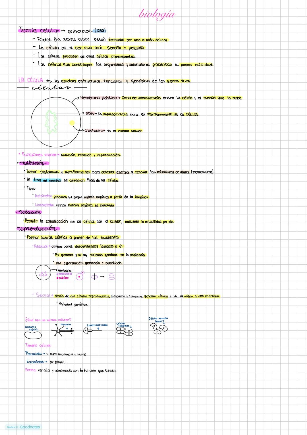 Made with Goodnotes --- OCR Start ---
biologia
Teoría celular principios: (1333)
- Todos los seres vivos están formados por una o más célula