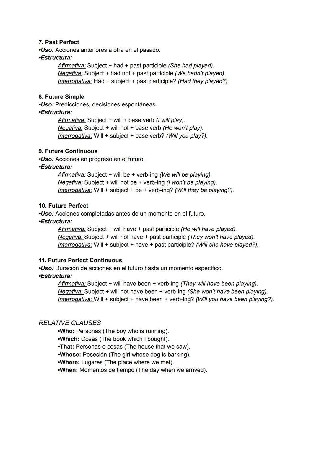 # TIEMPOS VERBALES
# APUNTES INGLÉS
1. Present Simple
•Uso: Rutinas, hechos generales, horarios.
•Estructura:
Afirmativa: Subject + bas