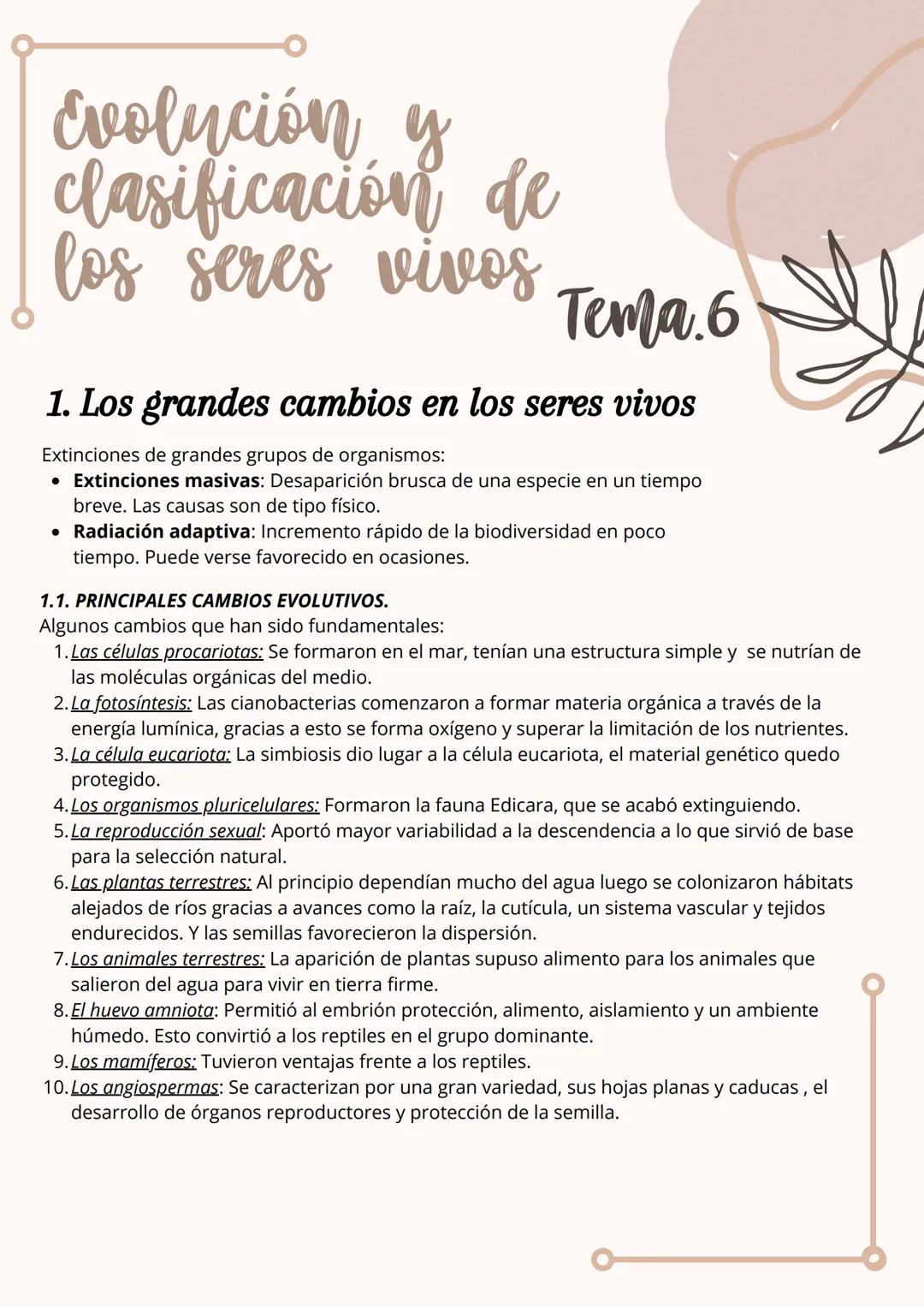 # Evolución y
clasificación de
los seres vivos
Tema.6
1. Los grandes cambios en los seres vivos
Extinciones de grandes grupos de organismo