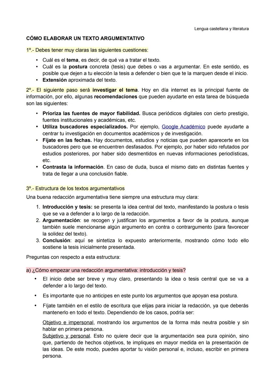 Lengua castellana y literatura
# CÓMO ELABORAR UN TEXTO ARGUMENTATIVO
1º.- Debes tener muy claras las siguientes cuestiones:
- Cuál es el