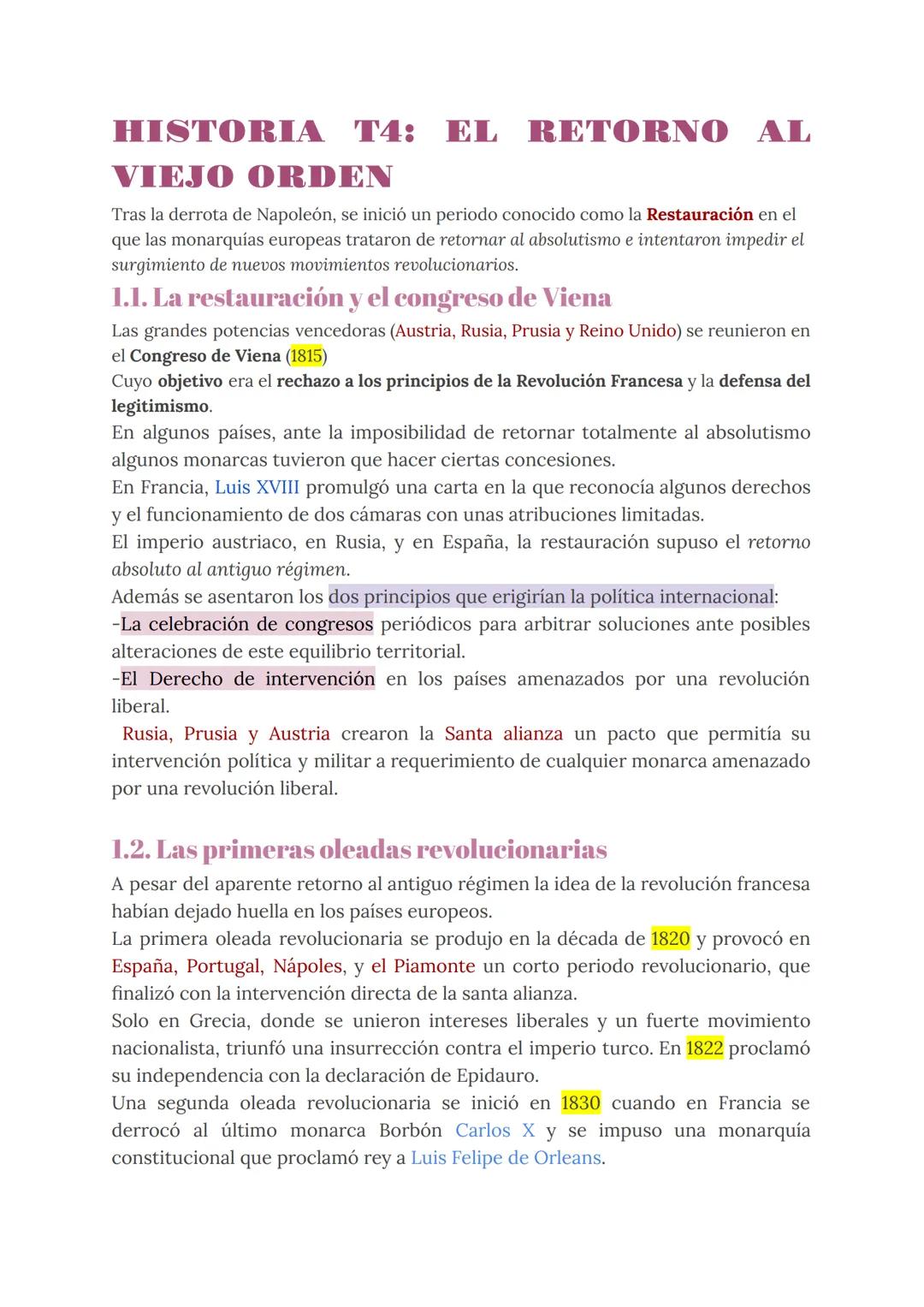 # HISTORIA T4: EL RETORNO AL
VIEJO ORDEN
Tras la derrota de Napoleón, se inició un periodo conocido como la Restauración en el
que las mona