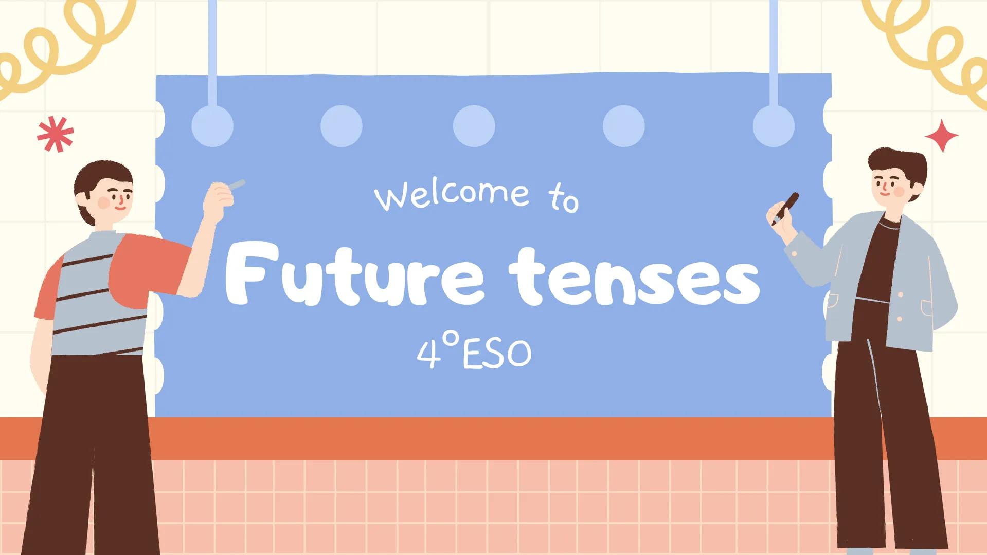 # Welcome to
# Future tenses
4ºESO --- OCR Start ---
WIIL/WON'T
6 tipos de O
futuro
BE GOING TO
MIGHT
A
B
PRESENT
CONTINUOUS
FUTURE
CONTIN