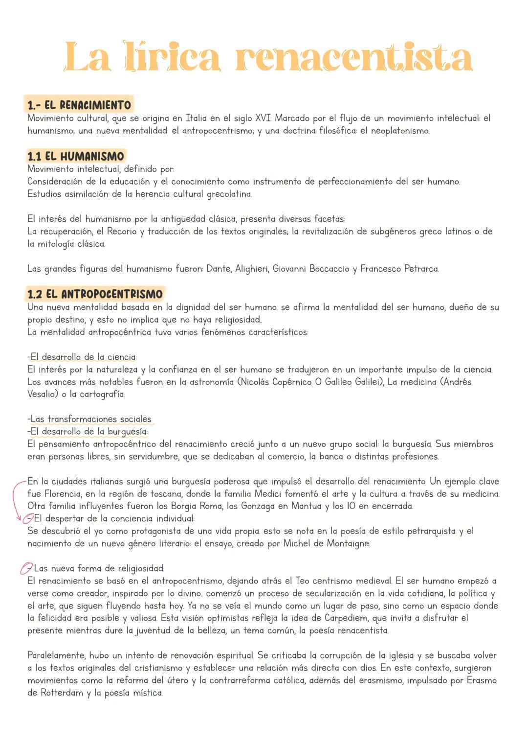 # La lírica renacentista
1.- EL RENACIMIENTO
Movimiento cultural, que se origina en Italia en el siglo XVI Marcado por el flujo de un movim