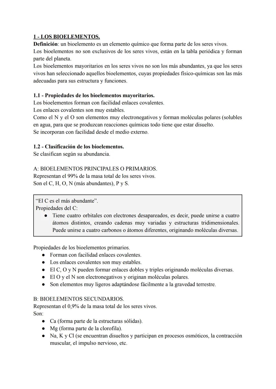 # TEMA 1: BIOMOLÉCULAS
INORGÁNICAS
CONTENIDOS
1. Bioelementos.
1.1. Propiedades de los bioelementos.
1.2. Clasificación de los bioelementos