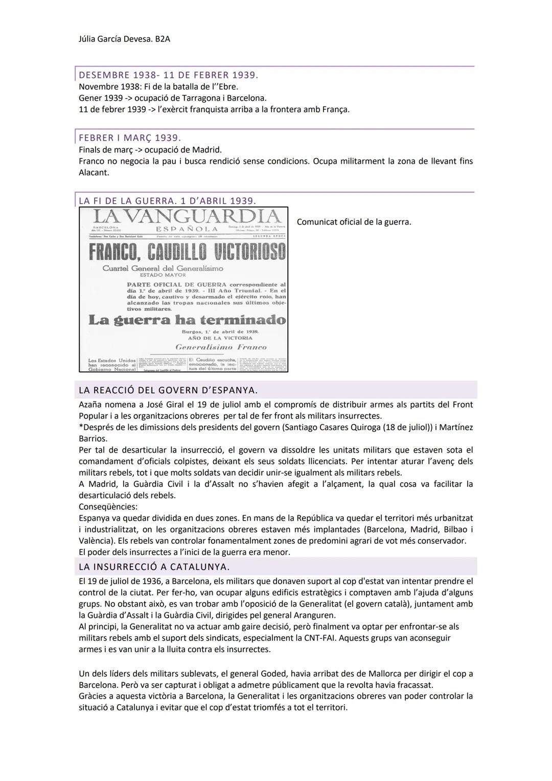 Júlia García Devesa. B2A
LA GUERRA CIVIL ESPANYOLA (1936-1939).
1.L'ESCLAT DEL CONFLICTE.
CAUSES:
Les causes s'han de buscar en la situac