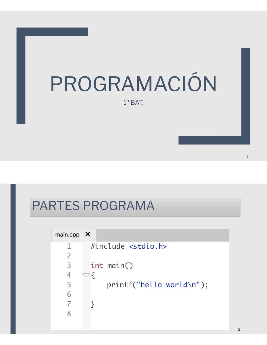 # PROGRAMACIÓN
1º BAT.
PARTES PROGRAMA
main.cpp X
```
1 #include <stdio.h>
2
3 int main()
4 {
5 printf("hello world\n");
6
7 }
```
8
2
1