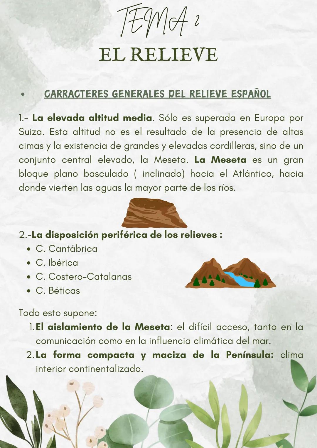 --- OCR Start ---
темаг
2
EL RELIEVE
CARRACTERES GENERALES DEL RELIEVE ESPAÑOL
1.- La elevada altitud media. Sólo es superada en Europa por