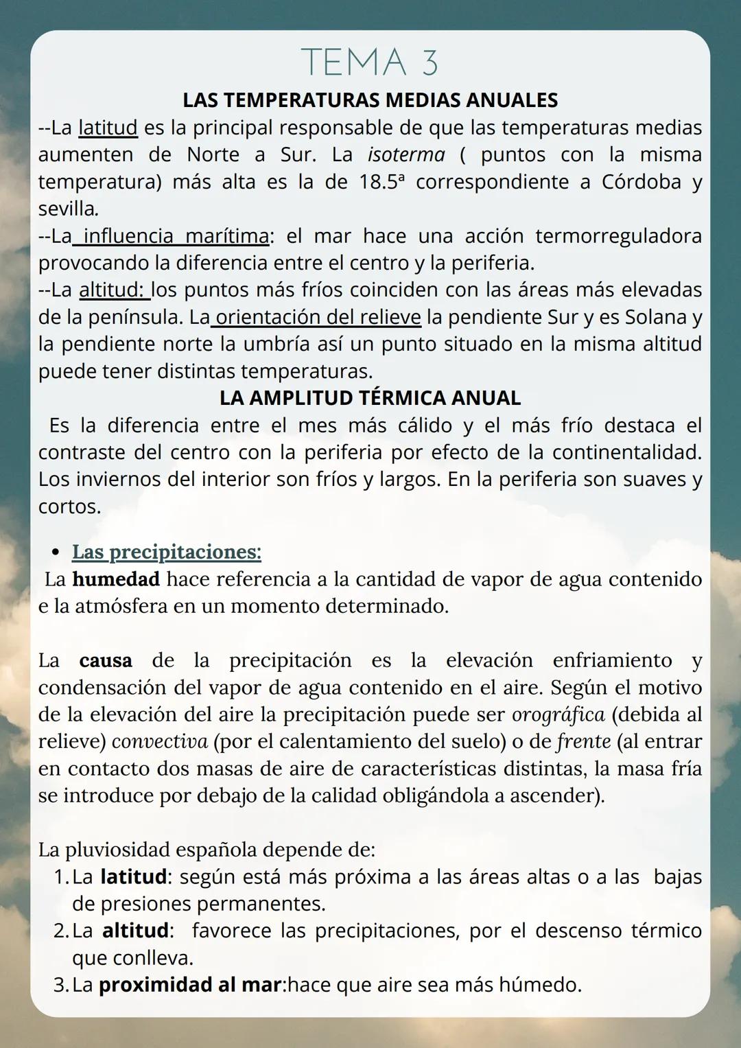 --- OCR Start ---
TEMA 3
EL CLIMA
Tiempo: la situación atmosférica en un lugar y momento
determinado.
Clima: es la sucesión de estados atmos