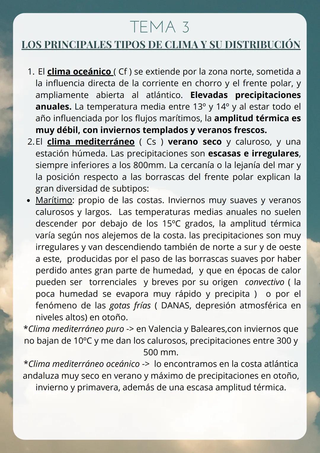 --- OCR Start ---
TEMA 3
EL CLIMA
Tiempo: la situación atmosférica en un lugar y momento
determinado.
Clima: es la sucesión de estados atmos