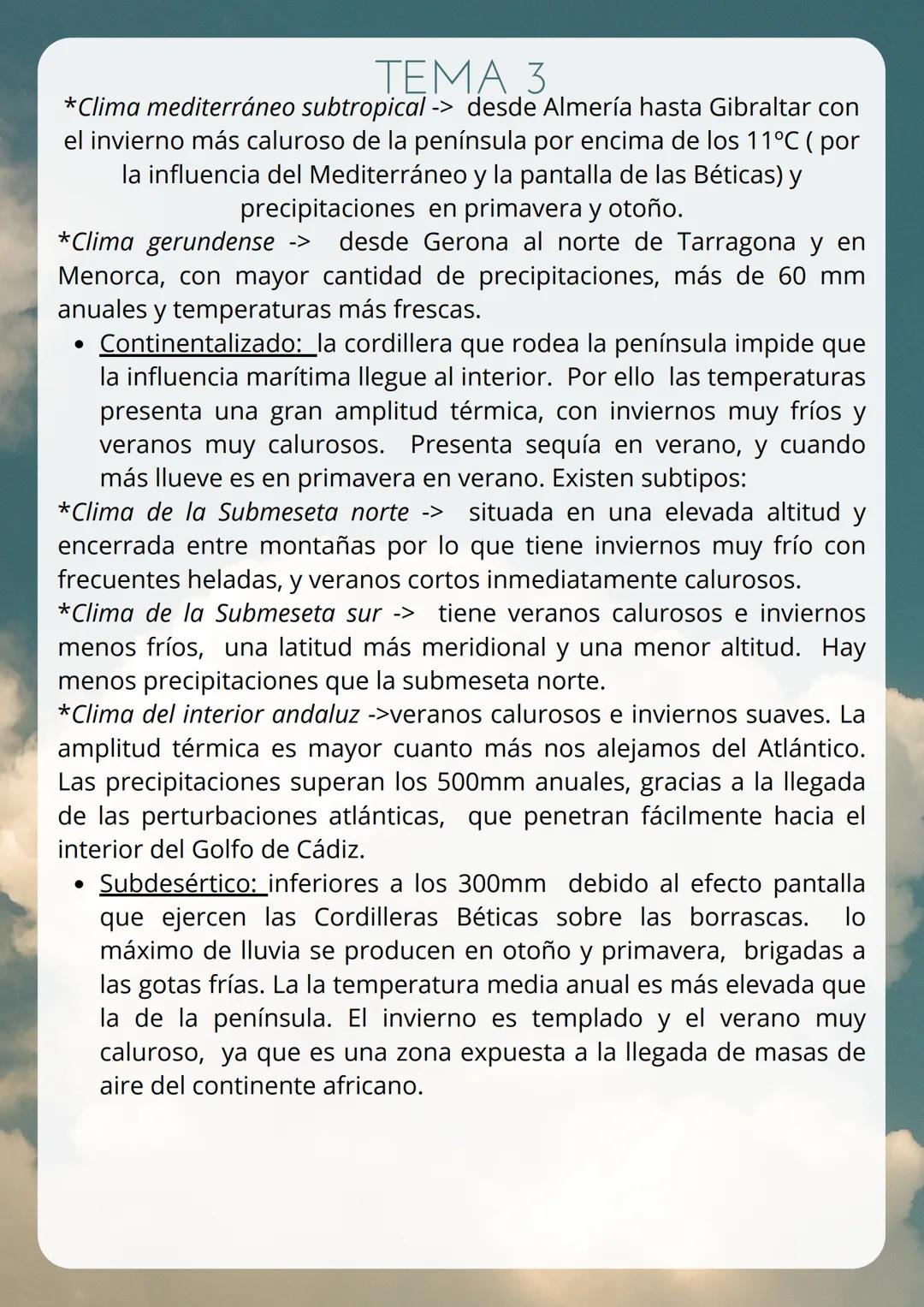 --- OCR Start ---
TEMA 3
EL CLIMA
Tiempo: la situación atmosférica en un lugar y momento
determinado.
Clima: es la sucesión de estados atmos
