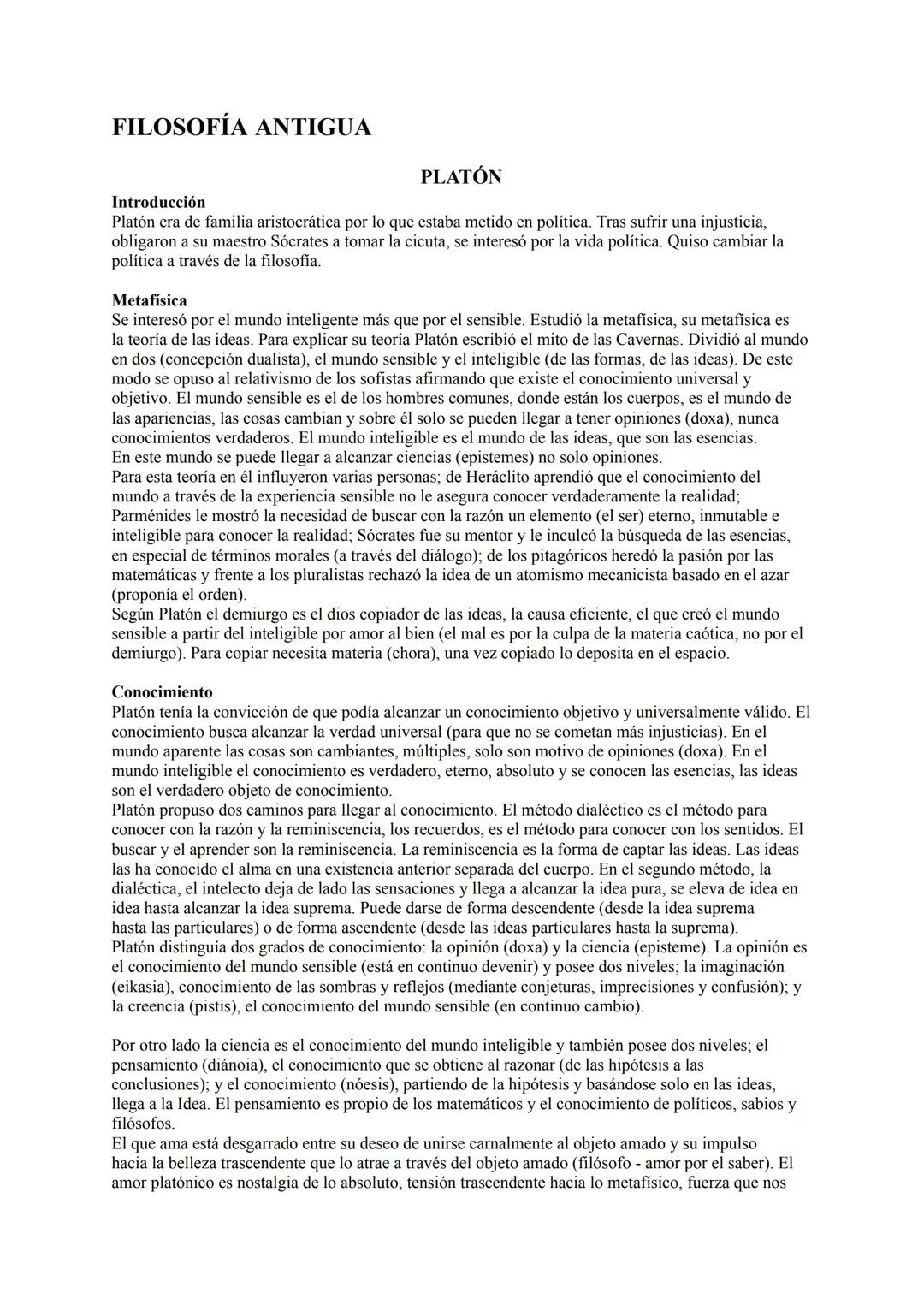 # FILOSOFÍA ANTIGUA
# PLATÓN
## Introducción
Platón era de familia aristocrática por lo que estaba metido en política. Tras sufrir una inj
