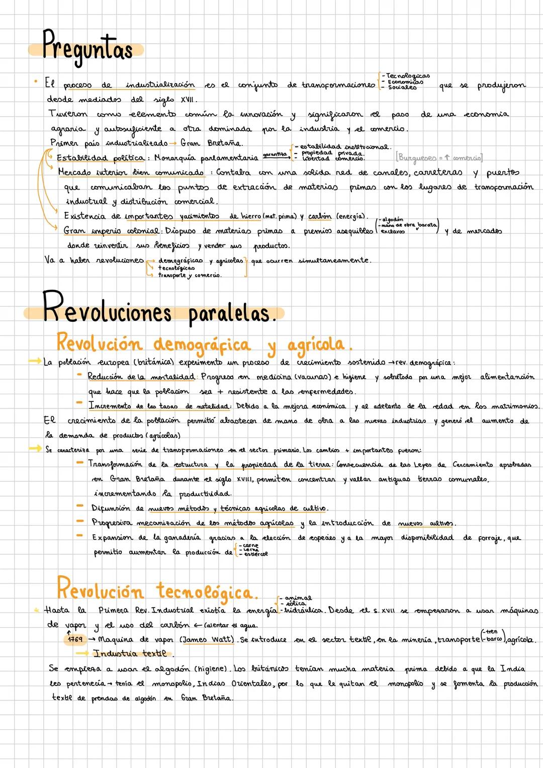 # Preguntas
* El proceso de industrialización es el conjunto de transformaciones
desde mediados del siglo XVII.
* Tuveron como ele