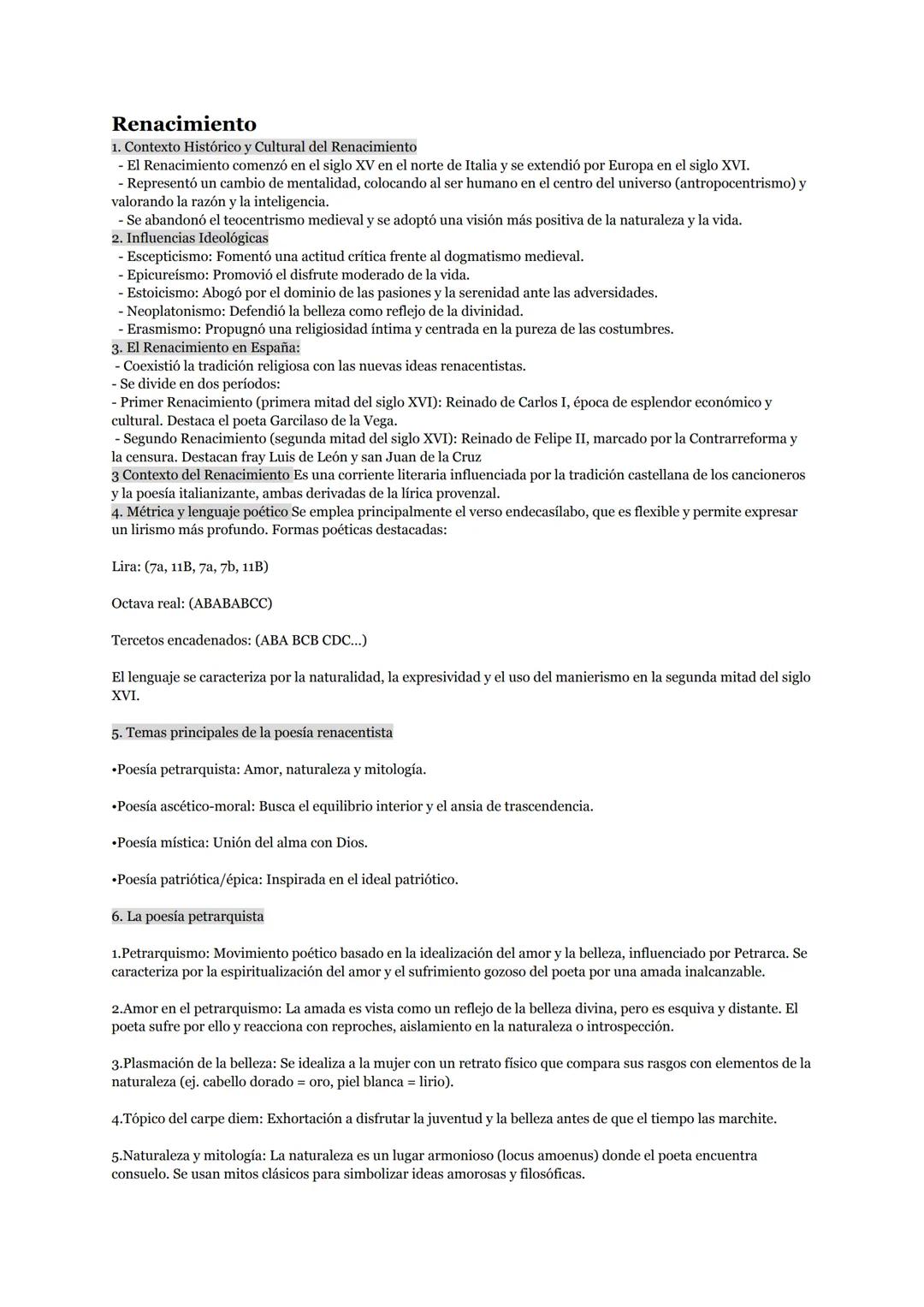 --- OCR Start ---
Renacimiento
1. Contexto Histórico y Cultural del Renacimiento
- El Renacimiento comenzó en el siglo XV en el norte de Ita