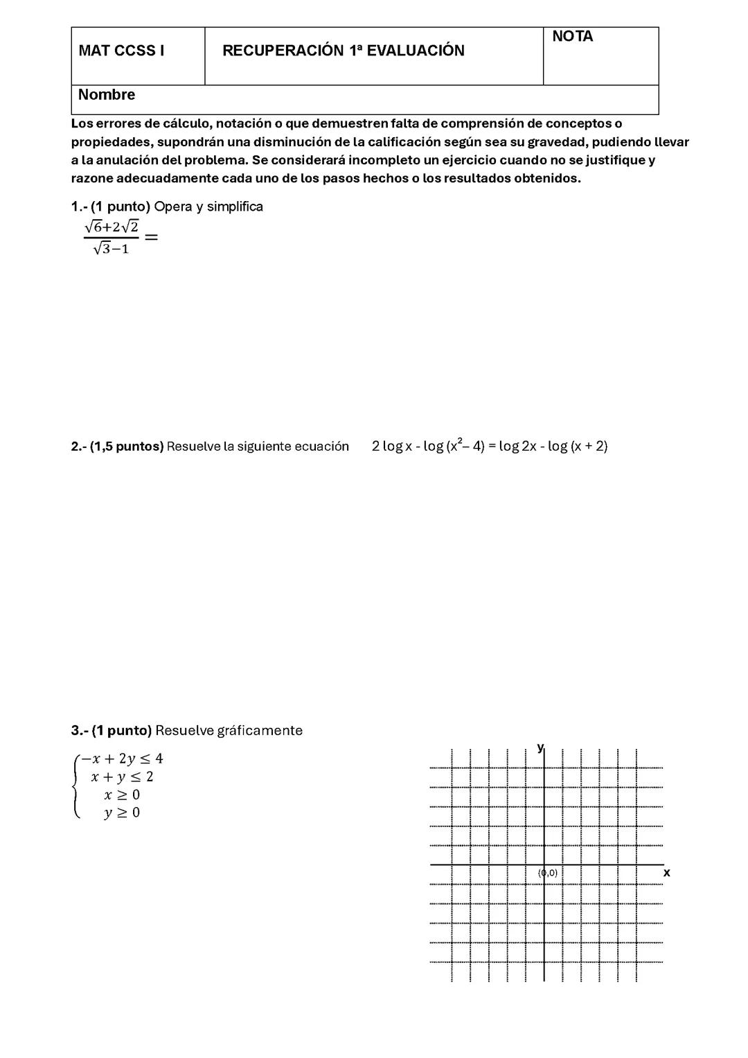 Examen Matemáticas 1 Evaluacion 1bach