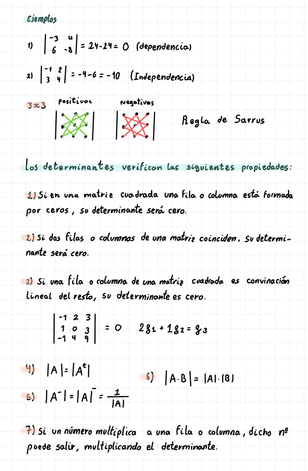 --- OCR Start ---
Ejemplos
1)
$\begin{vmatrix}-3&4\\ 6&-8\end{vmatrix}$=24-24=0 (dependencia)
$\begin{vmatrix}-1&2\\ 3&4\end{vmatrix}$=-4-6=