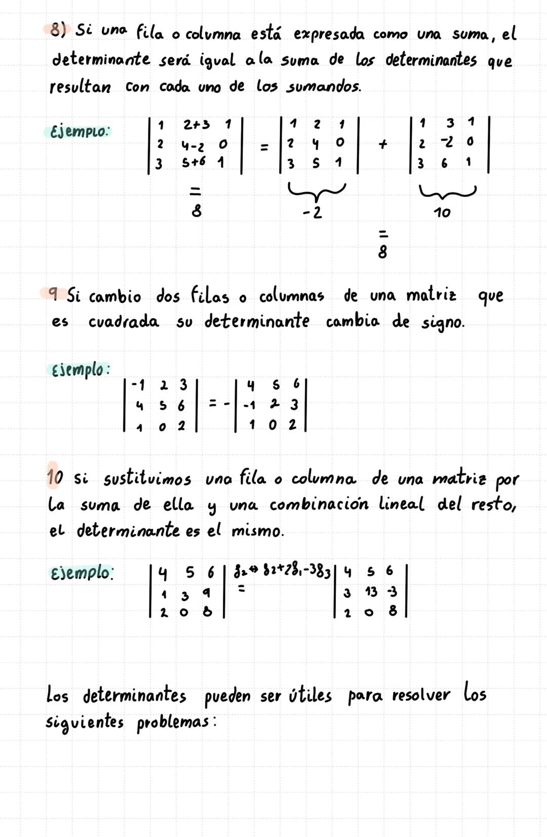 --- OCR Start ---
Ejemplos
1)
$\begin{vmatrix}-3&4\\ 6&-8\end{vmatrix}$=24-24=0 (dependencia)
$\begin{vmatrix}-1&2\\ 3&4\end{vmatrix}$=-4-6=