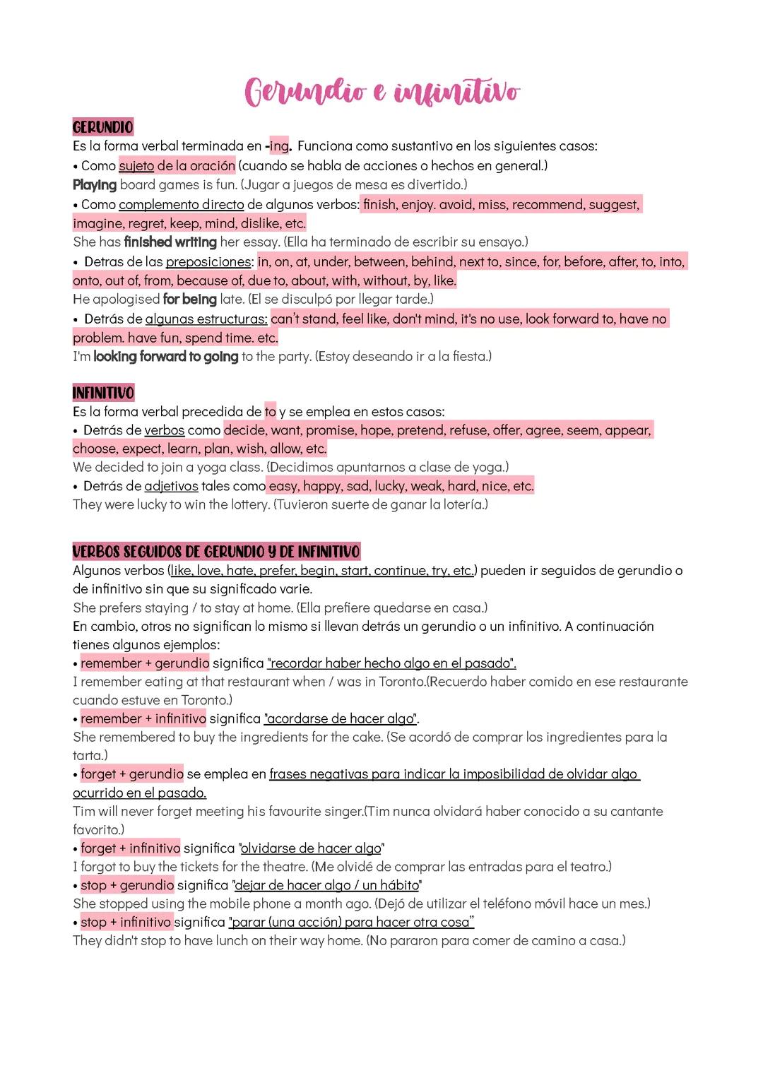 Gerundio e infinitivo en ingles