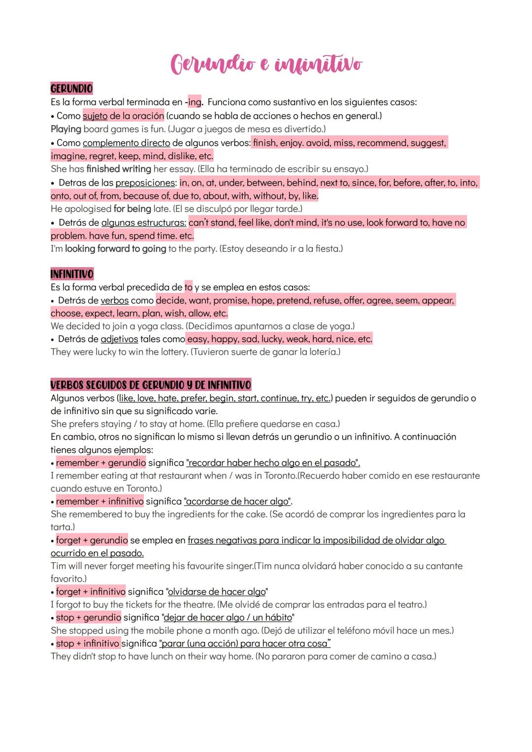 # GERUNDIO
Gerundio e infinitivo
Es la forma verbal terminada en -ing. Funciona como sustantivo en los siguientes casos:
• Como sujeto de la