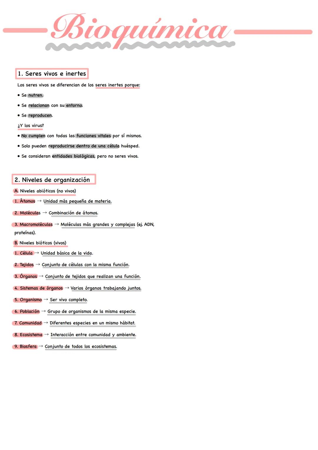 # Bioquímica
1. Seres vivos e inertes
Los seres vivos se diferencian de los seres inertes porque:
* Se nutren.
* Se relacionan con su