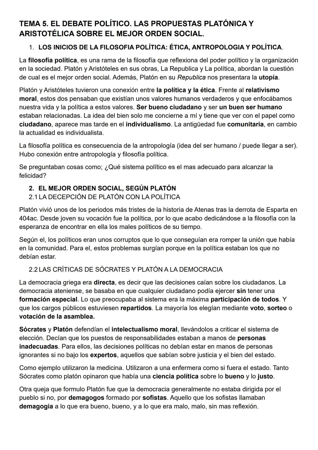 # TEMA 5. EL DEBATE POLÍTICO. LAS PROPUESTAS PLATÓNICA Y ARISTOTÉLICA SOBRE EL MEJOR ORDEN SOCIAL.
1. LOS INICIOS DE LA FILOSOFÍA POLÍTICA: