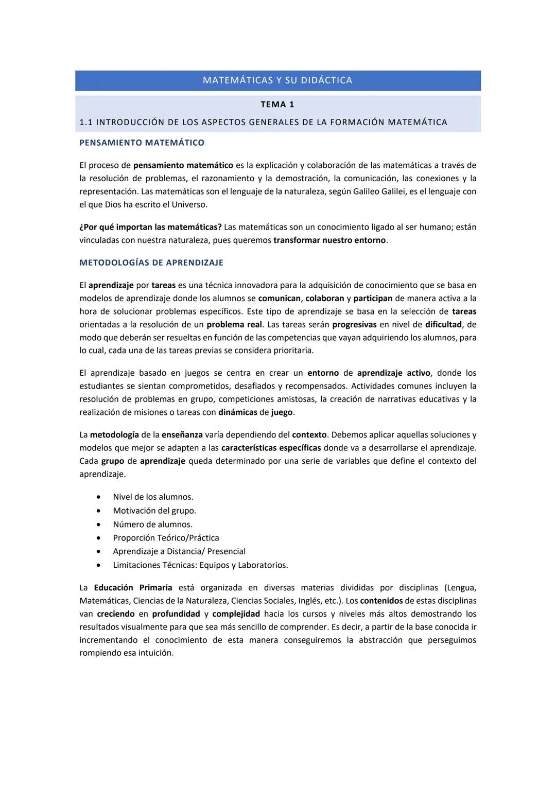 --- OCR Start ---
MATEMÁTICAS Y SU DIDÁCTICA
TEMA 1
1.1 INTRODUCCIÓN DE LOS ASPECTOS GENERALES DE LA FORMACIÓN MATEMÁTICA
PENSAMIENTO MATEMÁ