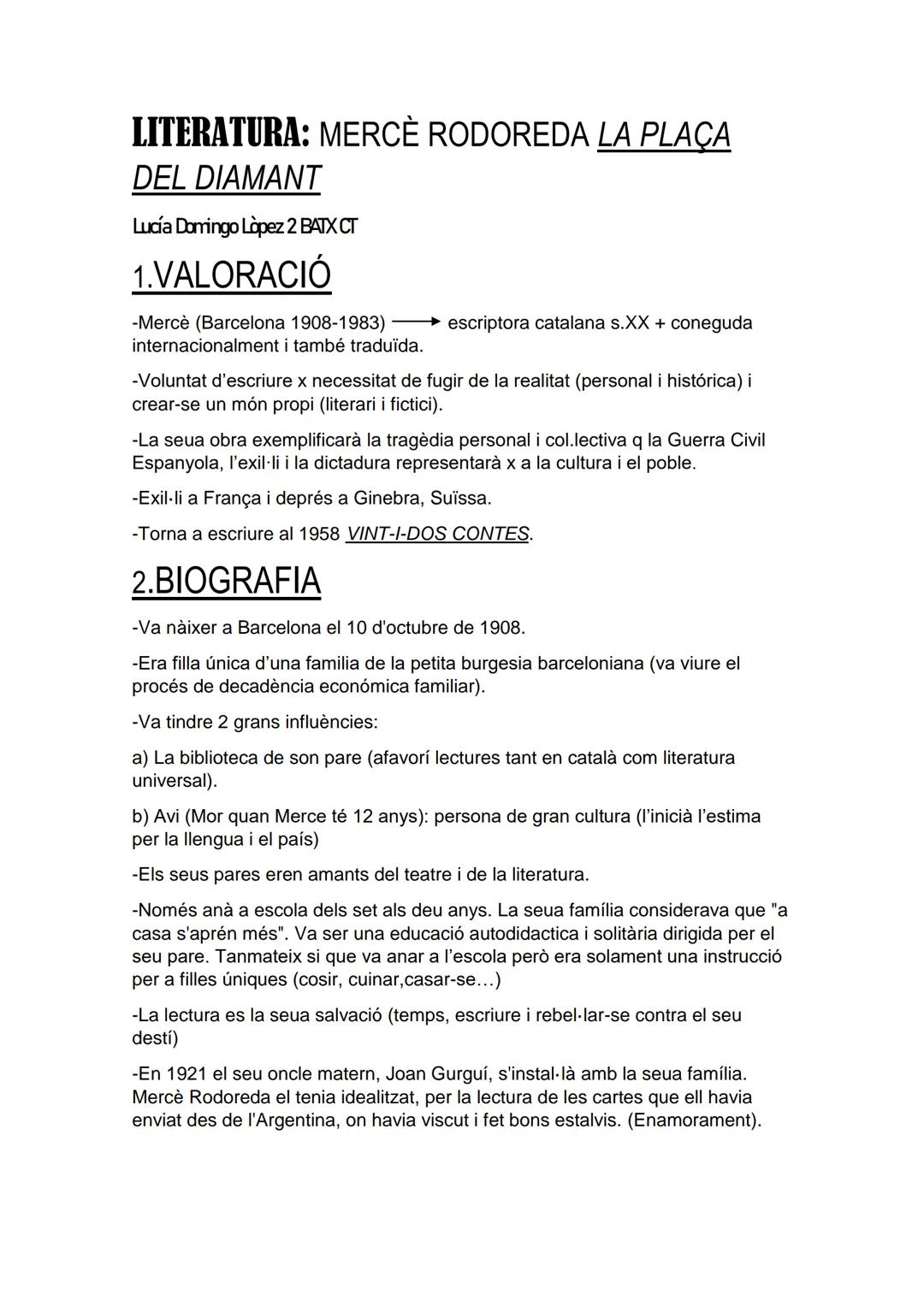 # LITERATURA: MERCÈ RODOREDA LA PLAÇA
DEL DIAMANT
Lucía Domingo Lopez 2 BATX CT
## 1.VALORACIÓ
-Mercè (Barcelona 1908-1983) → escriptora