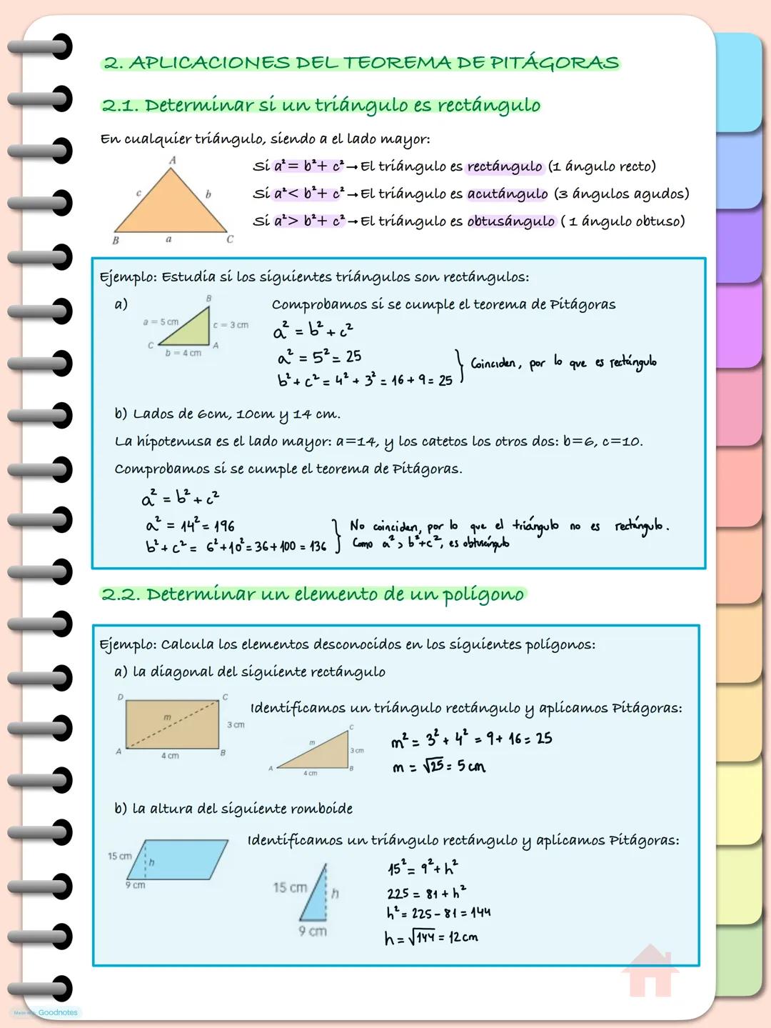 --- OCR Start ---
Goodnotes
Tema 9. Geometría plana
1. TEOREMA DE PITÁGORAS
En un triángulo rectángulo se cumple que el cuadrado de la hipot