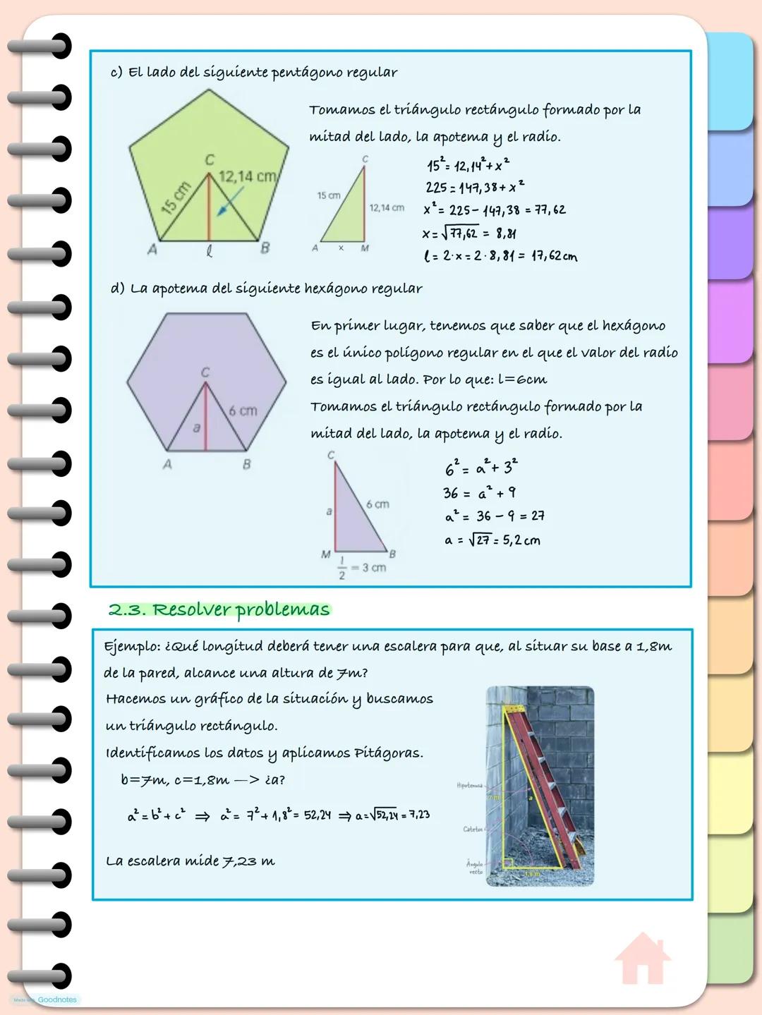 --- OCR Start ---
Goodnotes
Tema 9. Geometría plana
1. TEOREMA DE PITÁGORAS
En un triángulo rectángulo se cumple que el cuadrado de la hipot