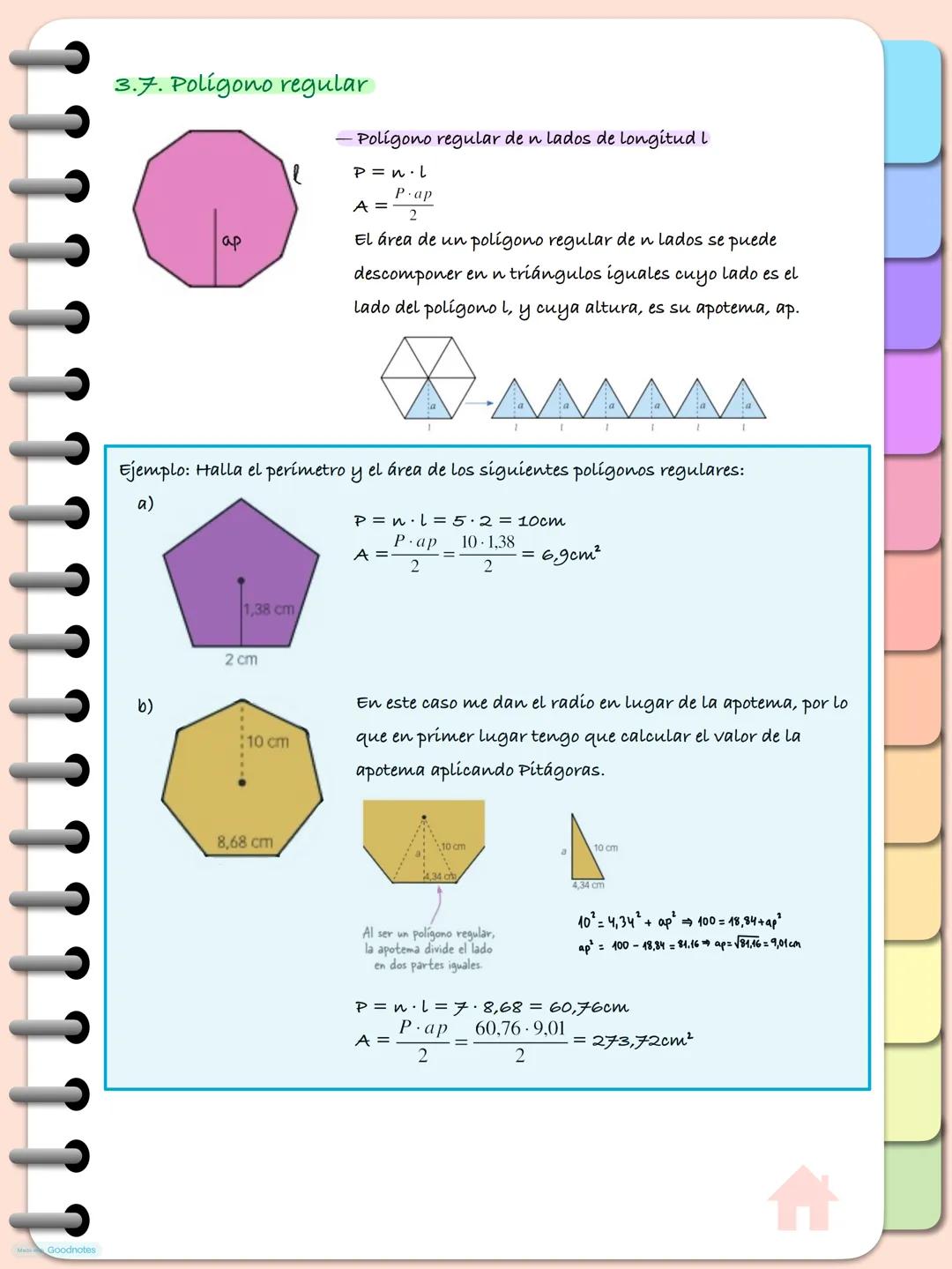 --- OCR Start ---
Goodnotes
Tema 9. Geometría plana
1. TEOREMA DE PITÁGORAS
En un triángulo rectángulo se cumple que el cuadrado de la hipot