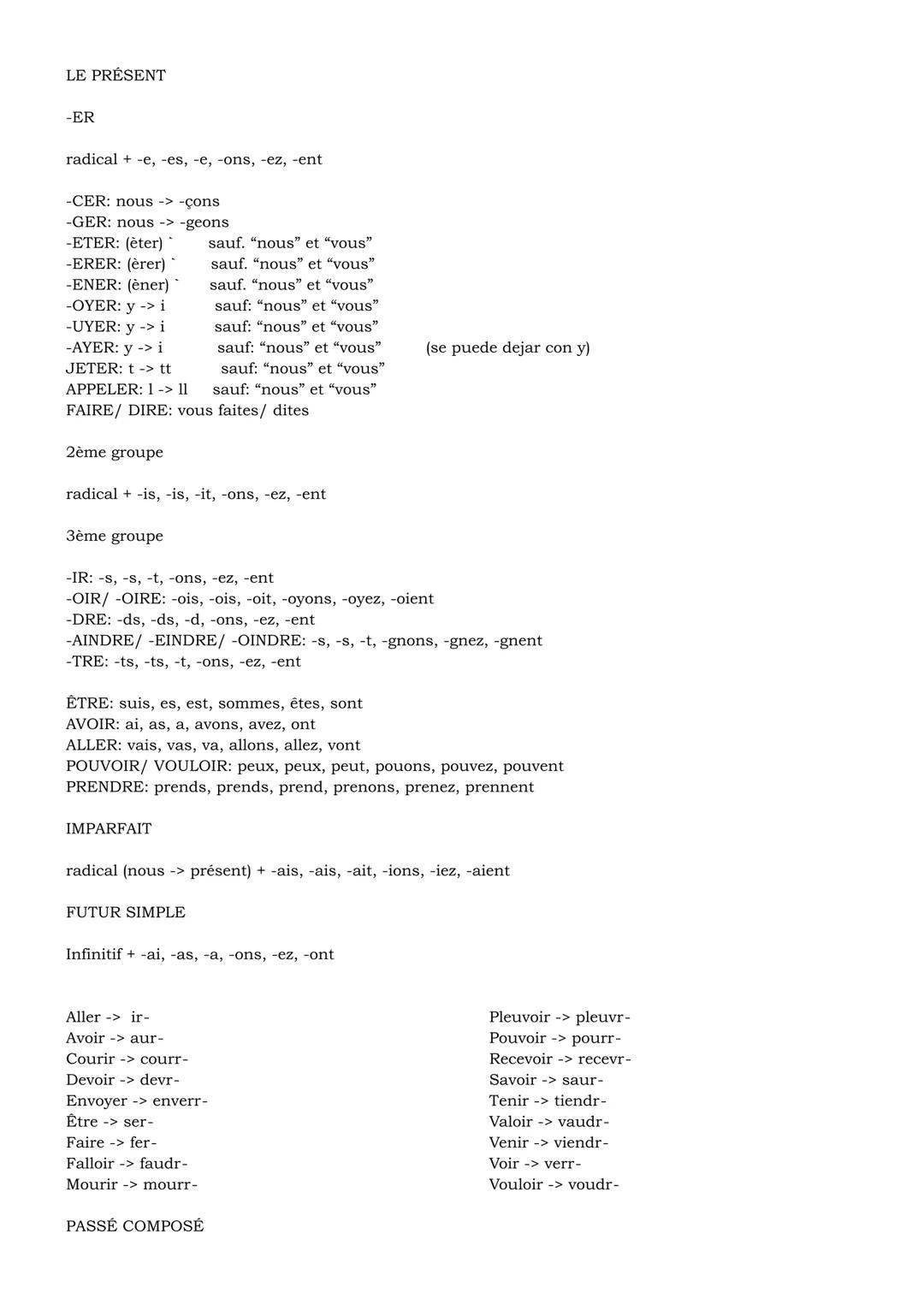 # LE PRÉSENT
-ER
radical-e, -es, -e, -ons, -ez, -ent
-CER: nous -> -çons
-GER: nous
-geons
-ETER: (èter)
sauf. "nous" et "vous"
-ERER: (è
