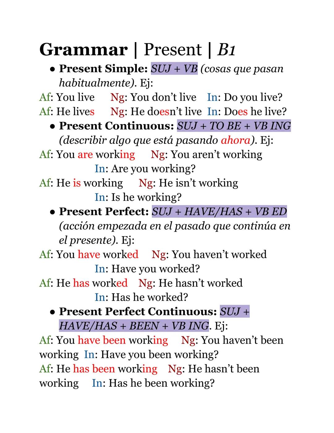 # Grammar | Present | B1
- Present Simple: SUJ + VB (cosas que pasan
habitualmente). Ej:
Af: You live Ng: You don't live In: Do you live?
A