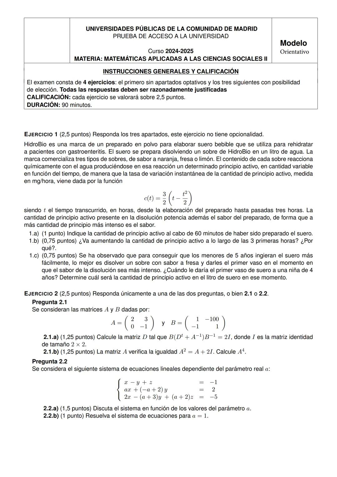Modelo PAU 2024-2025 matemáticas