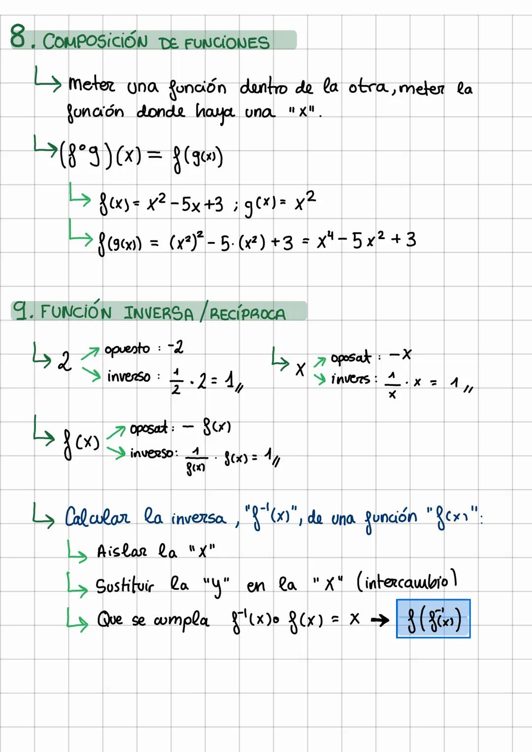 # Mates: Funciones y límites
1. DOMINIO DE FUNCIONES
POLINOMIO = R
FRACCIONES = $\frac{P(x)}{Q(x)}$ → $Q(x) = 0$ → OPERAR
→RAÍZ = $\sqrt