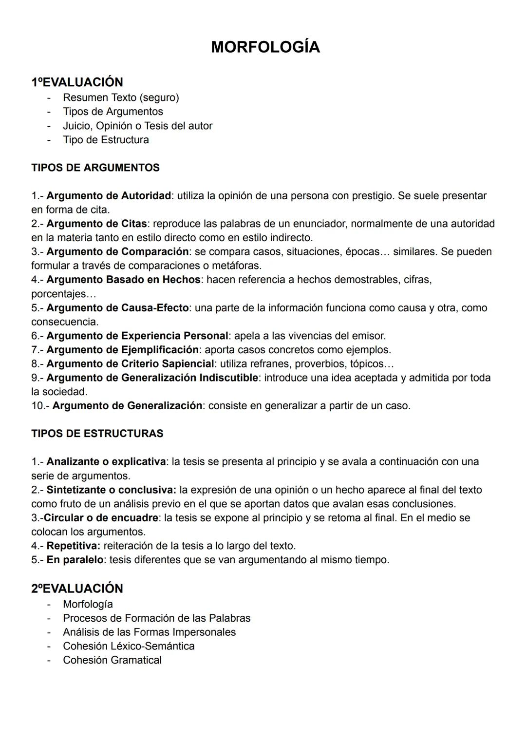 # MORFOLOGÍA
1°EVALUACIÓN
- Resumen Texto (seguro)
- Tipos de Argumentos
- Juicio, Opinión o Tesis del autor
- Tipo de Estructura
TIPOS DE
