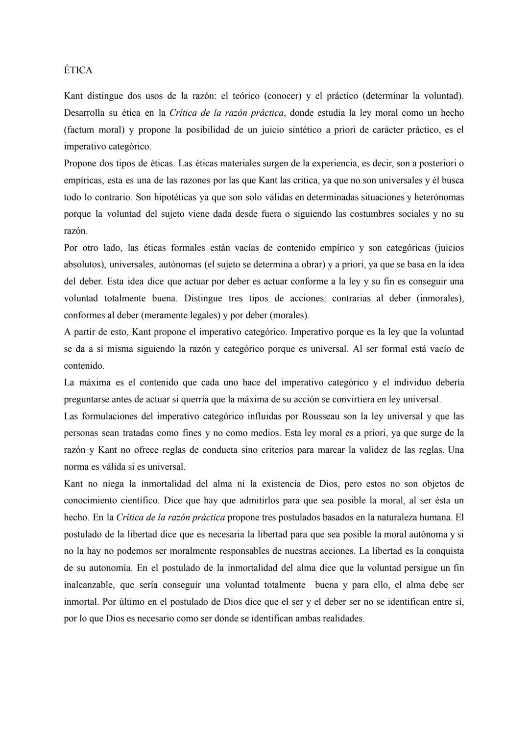 # ÉTICA
Kant distingue dos usos de la razón: el teórico (conocer) y el práctico (determinar la voluntad).
Desarrolla su ética en la Crítica