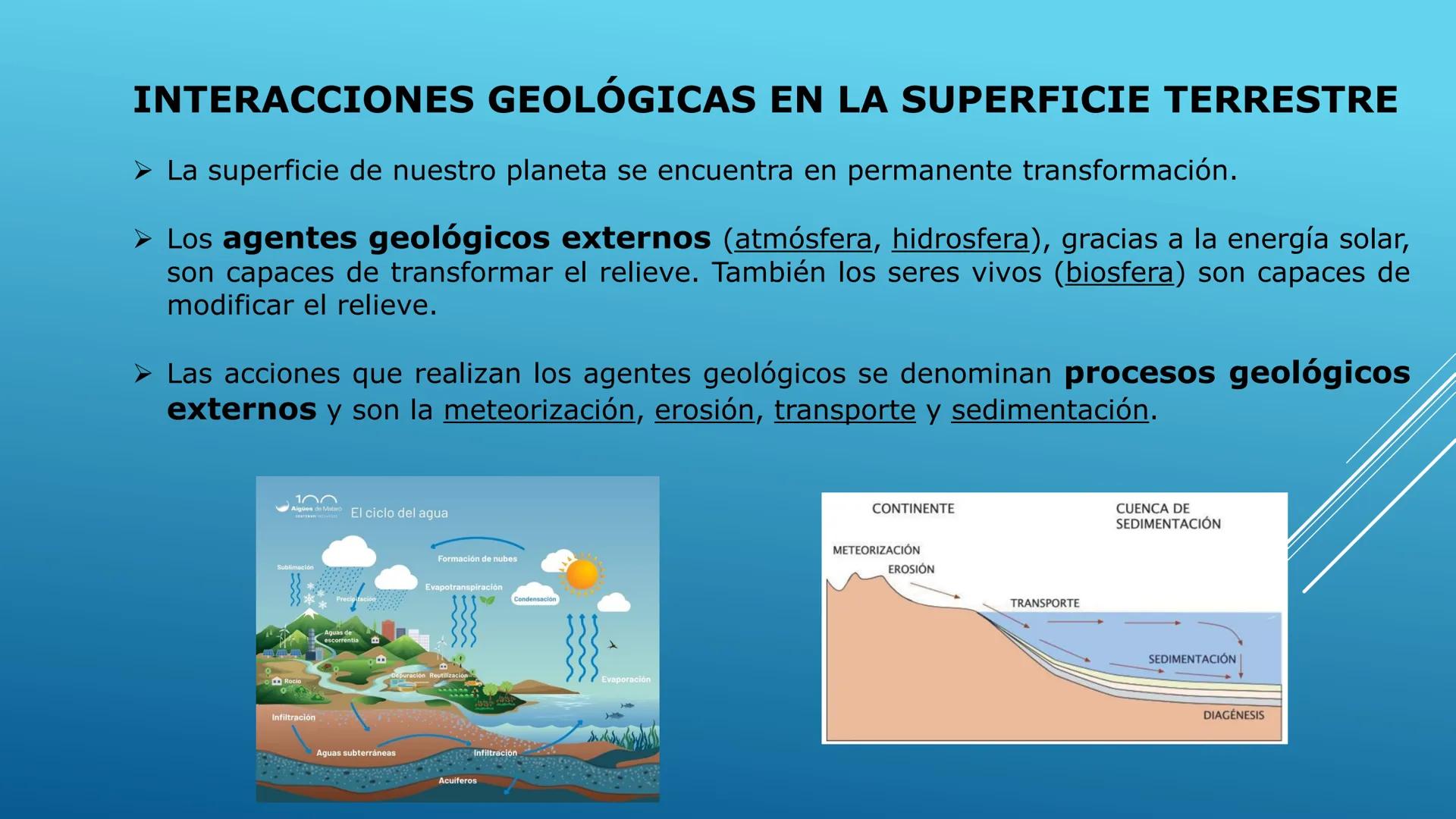# TEMA 5 GEODINÁMICA EXTERNA
PROCESOS GEOLÓGICOS EXTERNOS
Erosión Transporte Sedimentación
Sedimentos # INTERACCIONES GEOLÓGICAS EN LA SU