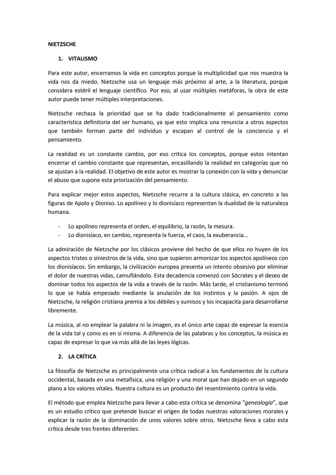 # NIETZSCHE
1. VITALISMO
Para este autor, encerramos la vida en conceptos porque la multiplicidad que nos muestra la
vida nos da miedo. Ni