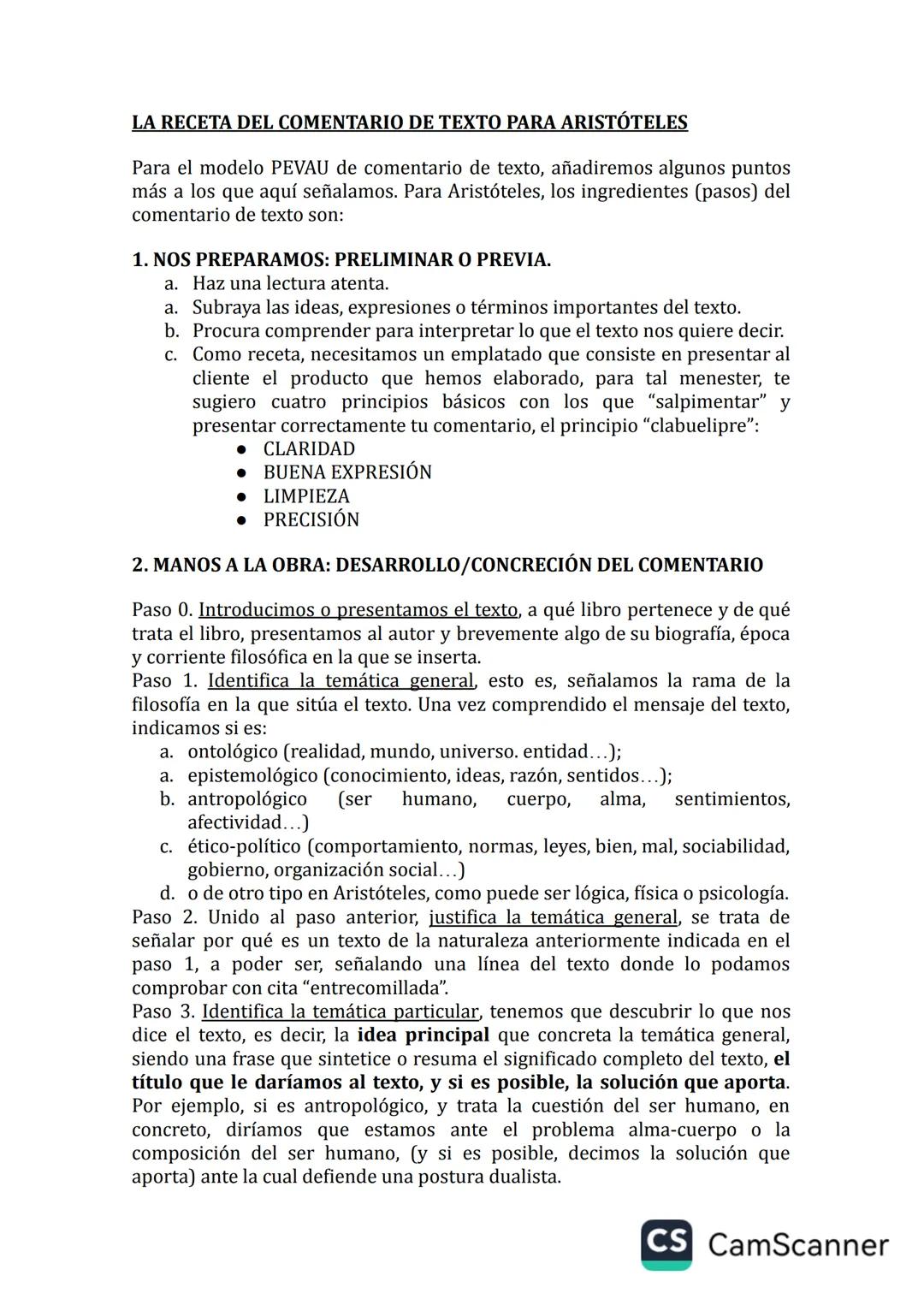 # LA RECETA DEL COMENTARIO DE TEXTO PARA ARISTÓTELES
Para el modelo PEVAU de comentario de texto, añadiremos algunos puntos
más a los que aq