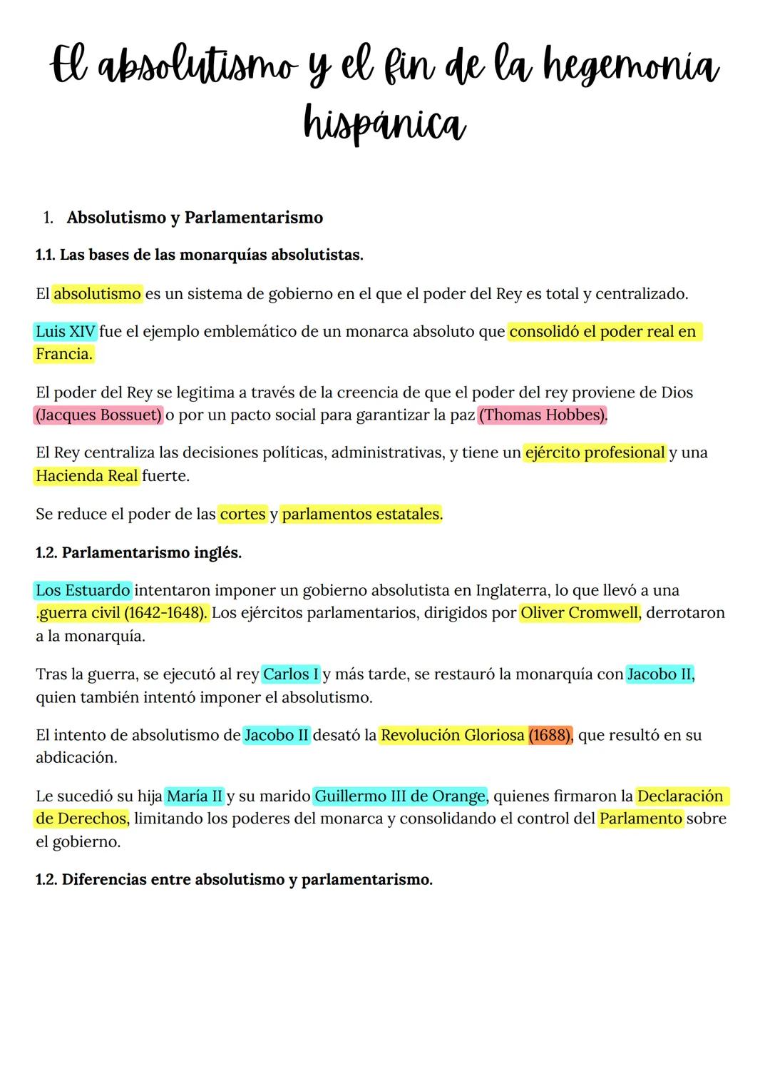 # El absolutismo y el fin de la hegemonia
hispanica
1. Absolutismo y Parlamentarismo
1.1. Las bases de las monarquías absolutistas.
El ab